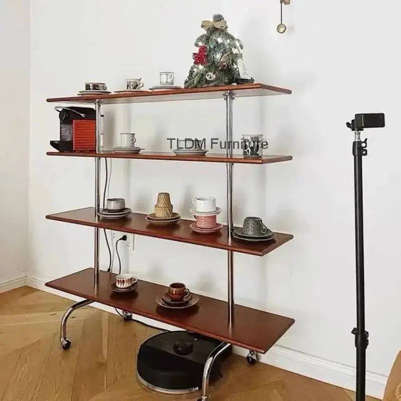 Vintage Designer Storage Holders Wood Multi-layer Storage Rack Floor Rack with Wheeled Cart Solid Wood Stainless Steel Bookshelf