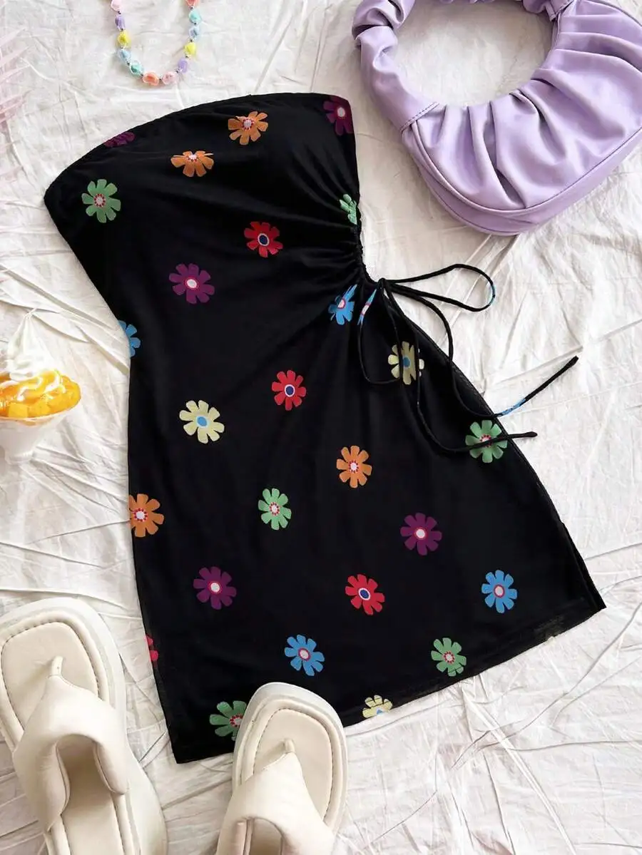 

Black Floral Print Tube Dress with Drawstring Waist, Boho Style Mini Dress for Summer Vacation