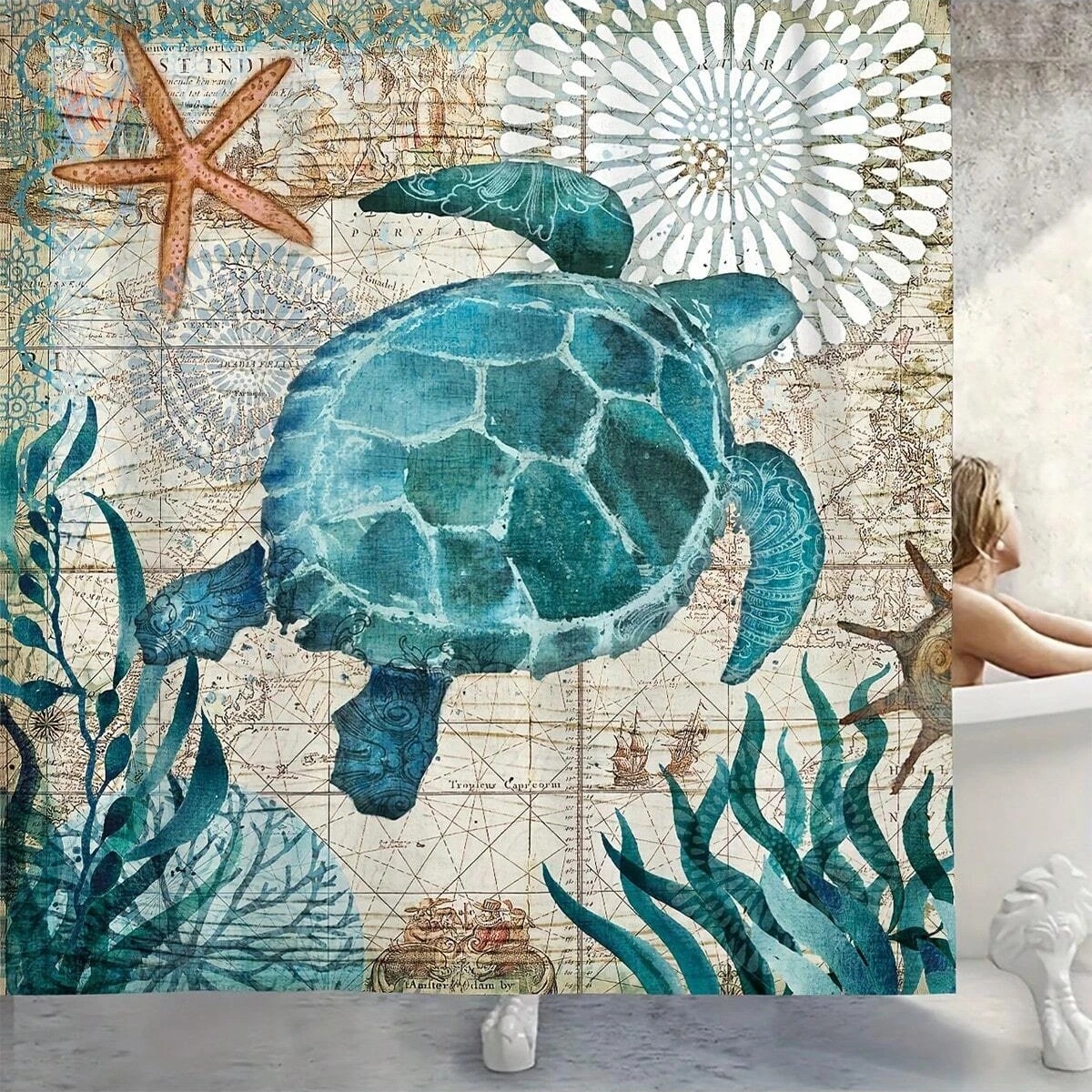 4pcs Waterproof Turtle Shower Curtain With 12 Hooks, Non-slip Bathroom Rug, Toilet U-shape Mat, And Toilet Lid Cover Pad