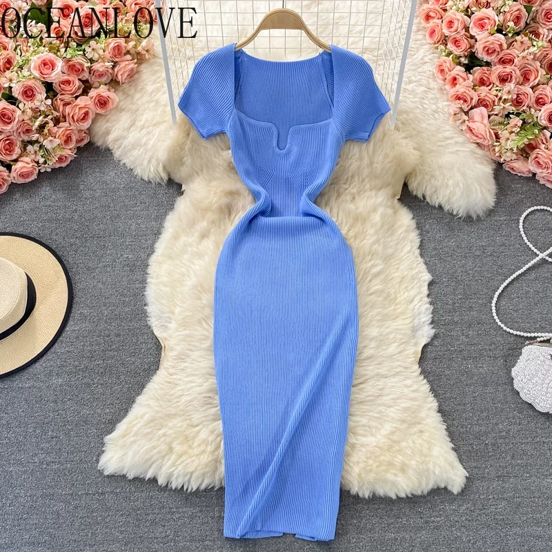 OCEANLOVE Abiti da donna lavorati a maglia Collo quadrato Solido Primavera Estate Abiti Mujer Abito lungo sottile a maniche corte sexy retrò