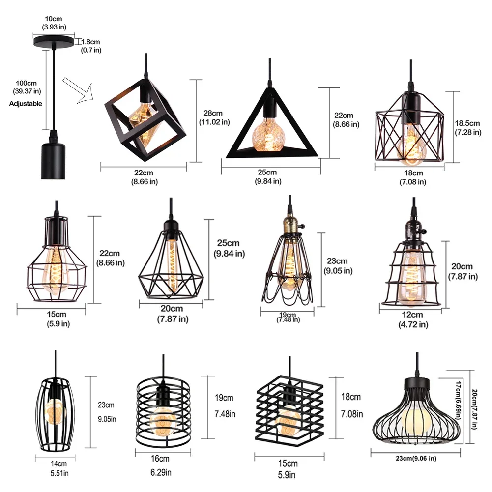 

Retro Industrial Pendant Light Nordic Black Metal Cage Lighting Fixtures Iron Loft Kitchen Vintage Adjustable Hanging Lamps