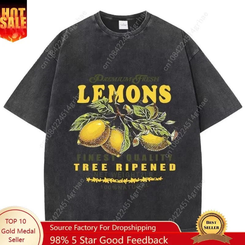 

Cotton T-shirts for men and women premium fresh lemon printed T-shirtsvintage short-sleeve casual clothing for men and women