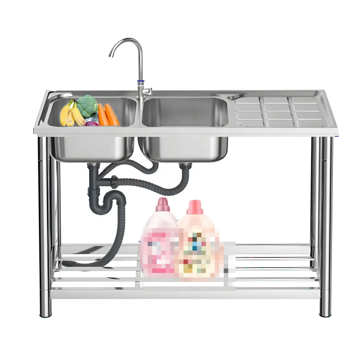 Factory Direct 2026 Portable Stainless Steel Utility Sink with Work Table & Storage Shelf Outdoor Garden Kitchen Sink