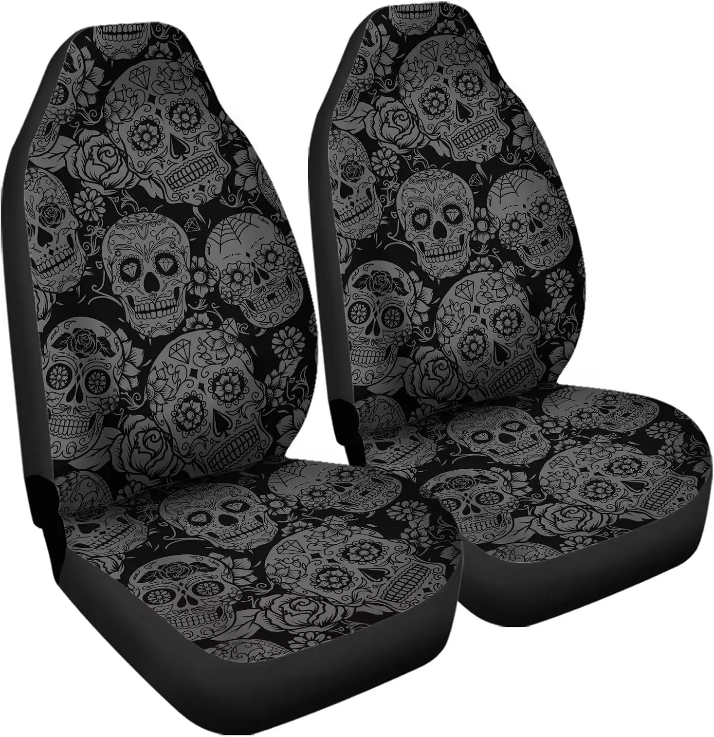 Gray Sugar Skull Floral Car Seat Covers 2pcs High Back Front Seat Cushion Covers  Automotive Interior Protection Accessories