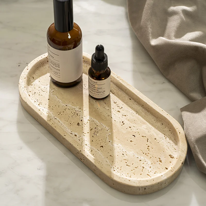 Travertine Stone Tray for Bathroom Vanity Dresser and Kitchen Sink Luxury Marble Dish for Jewelry Makeup Perfume