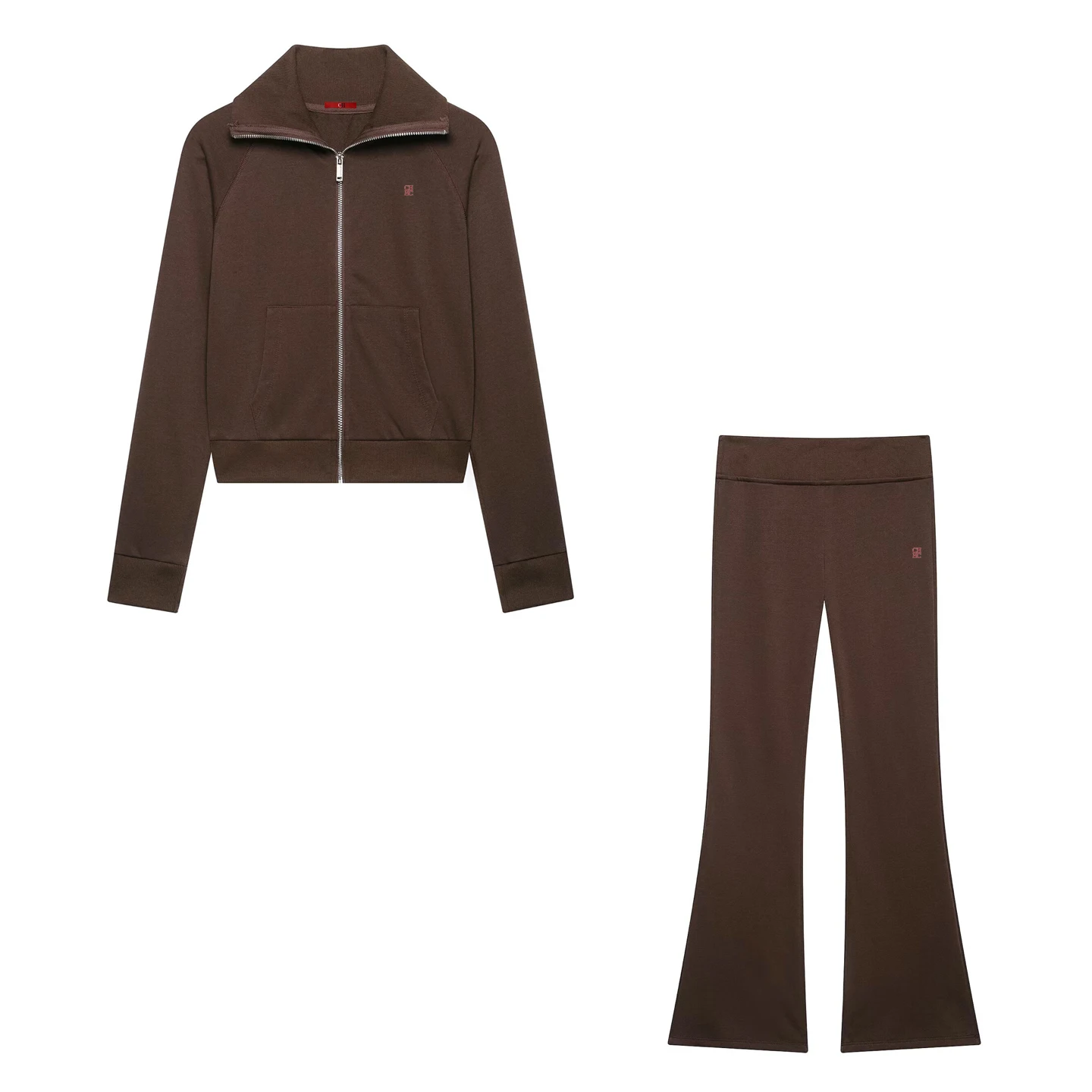 CH High Collar Zip Up Knit Matching Set Cropped Jacket Flared Pants Minimal Chest Embroidery Slim Women Leisure Outfit image 4