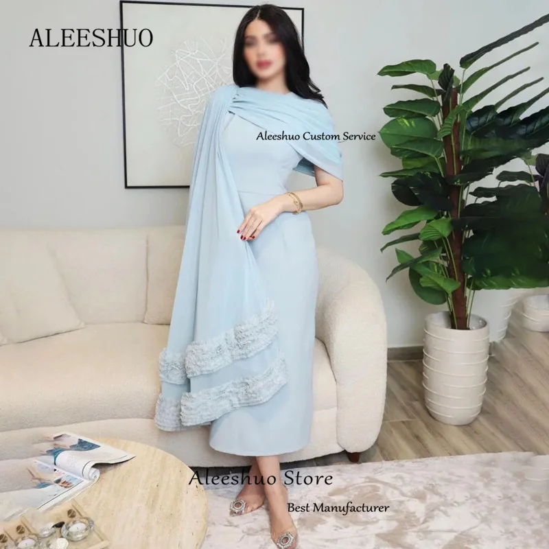 Aleeshuo-vestidos de graduación de sirena azul cielo de Arabia Saudita, Vestidos de Noche de cuello redondo, manga corta plisada, largo hasta el té, 2024