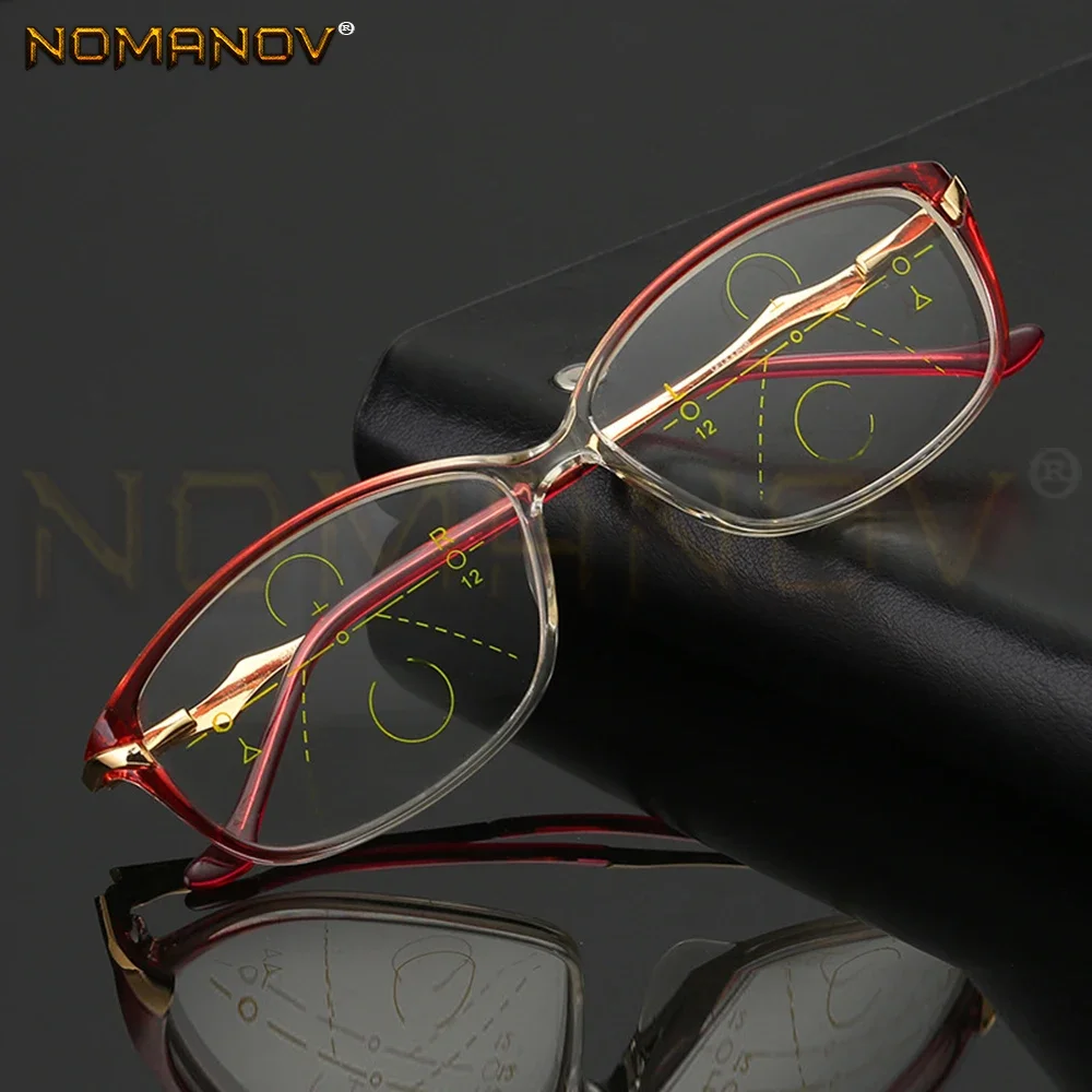 NOMANOV Tr90 Large Frame Gradient Wine Red Women Ladies Progressive Multifocus Reading Glasses Add 75 100 125 150 175 200 to 400