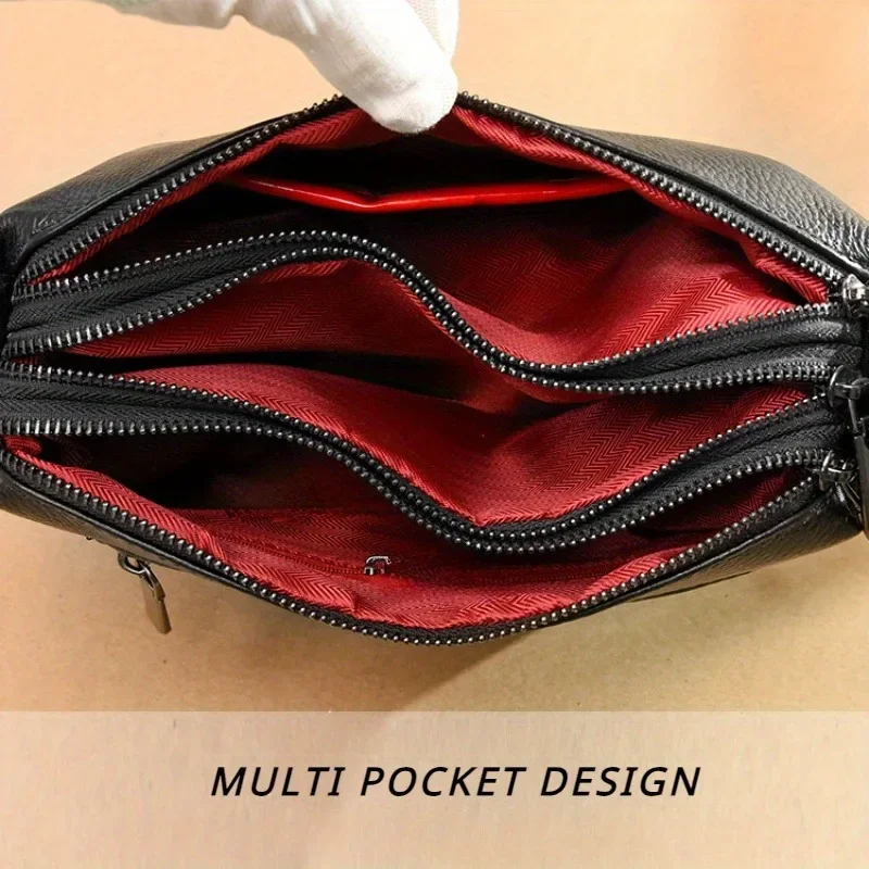 Womwn's Leather Large Capacity Shoulder Bag, Multi-layer Solid Color Crossbody Bag, Zipper Closure, Fashionable Commuting Bags