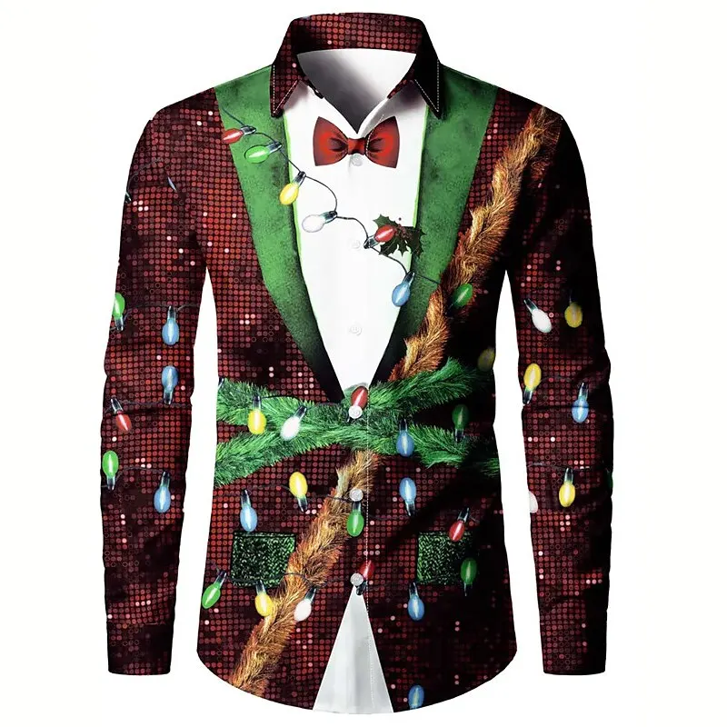 

Full Print Christmas Tree Long Sleeve Shirts For Men Casual Plus Size Button Up Shirt Daily Wear Xms Party Costume Blouse Top