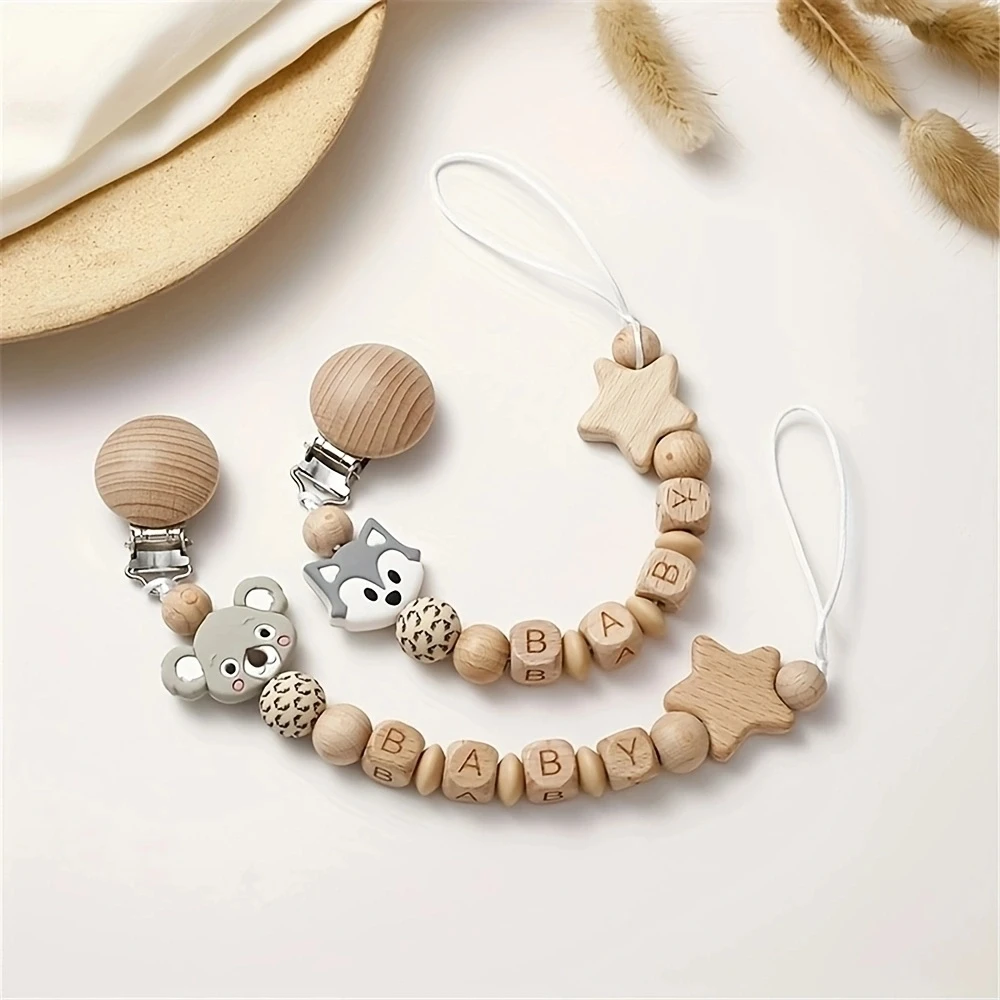 Baby Pacifier Clips Wooden Dummy Nipple Holder Clip Chain Silicone Bear Koala Animal Pacifiers Teething Toys