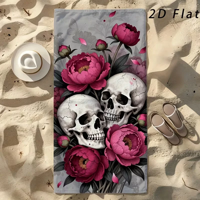 Dark Romantic Peony Flower Skull Beach Towel Watercolor Floral Skeleton Print Sand Repellent Soft Towel Boho Beach Towel