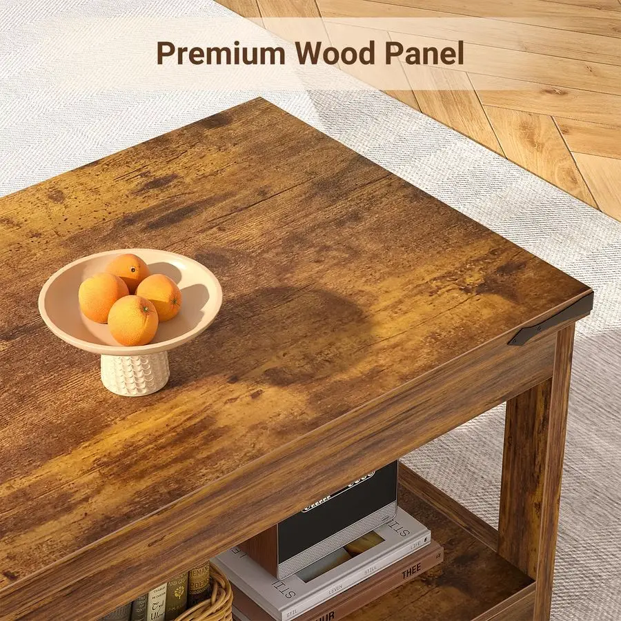 Coffee Table with Storage Shelf, 43.3 Farmhouse Wood Coffee Tables for Living Room, Modern Center Tea Table, Rustic Brown