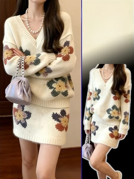 

plus Size Korean Sle V-Ne Knitted Top And A-Line Skirt Two-Piece Set for Women Comfortable Breathable Spring Faion