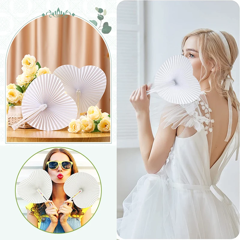 30/60/100Pcs White Folding Paper Fans Heart Shaped Plastic Handle Paper Fans DIY Blank Fan Festival Hand Fan Wedding Party Decor