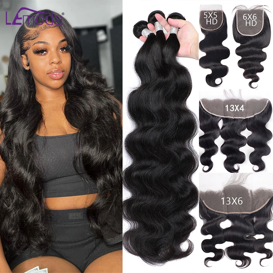 13X6 Lace Frontal Closure With Body Wave Human Hair Bundles Brazilian Hair Weave Bundles With 13x4 Closure Remy Hair Extensions