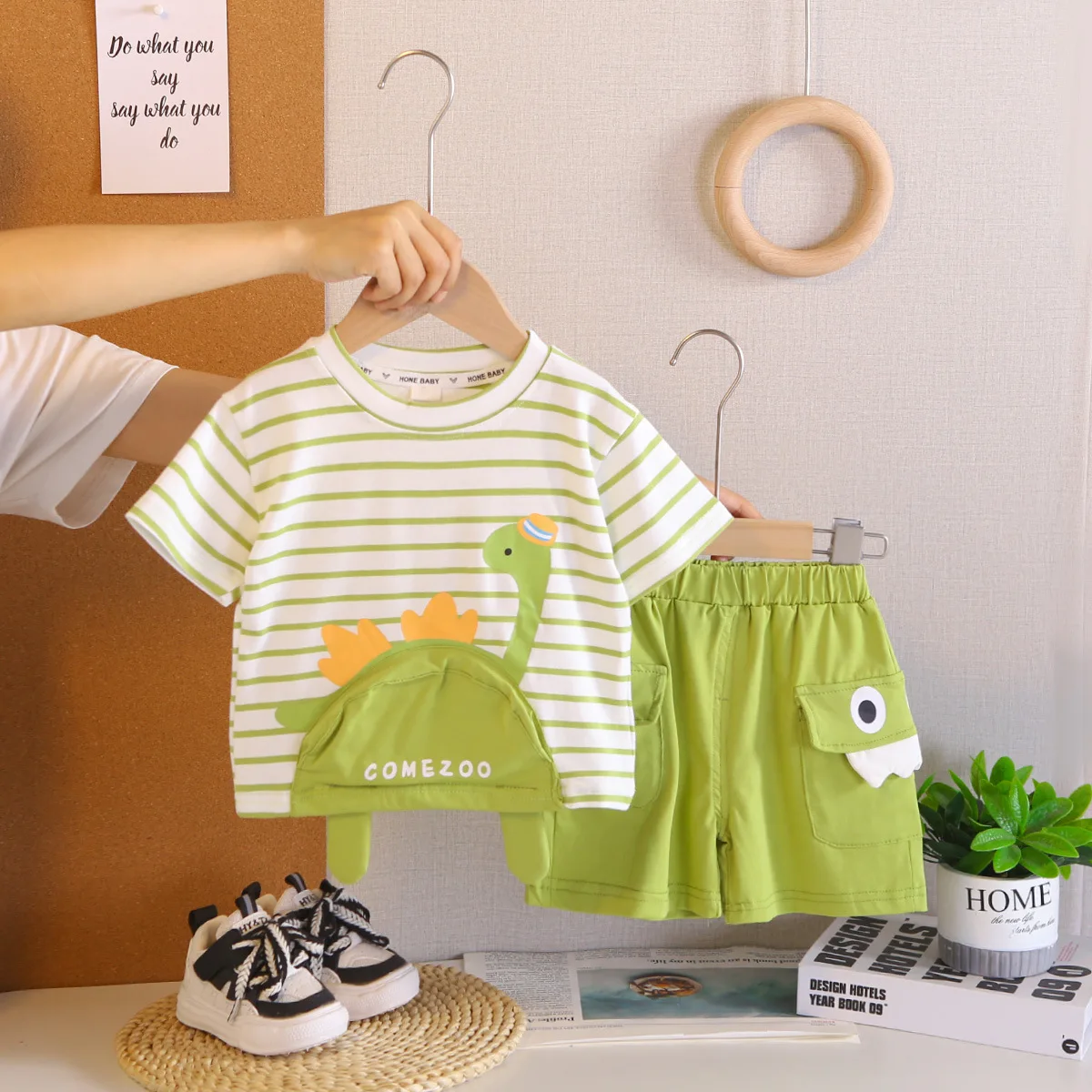 2PCS Toddler Boys Outfit Set 0-5 Years Old Summer Cute Cartoon Dinosaur Striped Pocket T-Shirts and Shorts Kids Casual Clothes