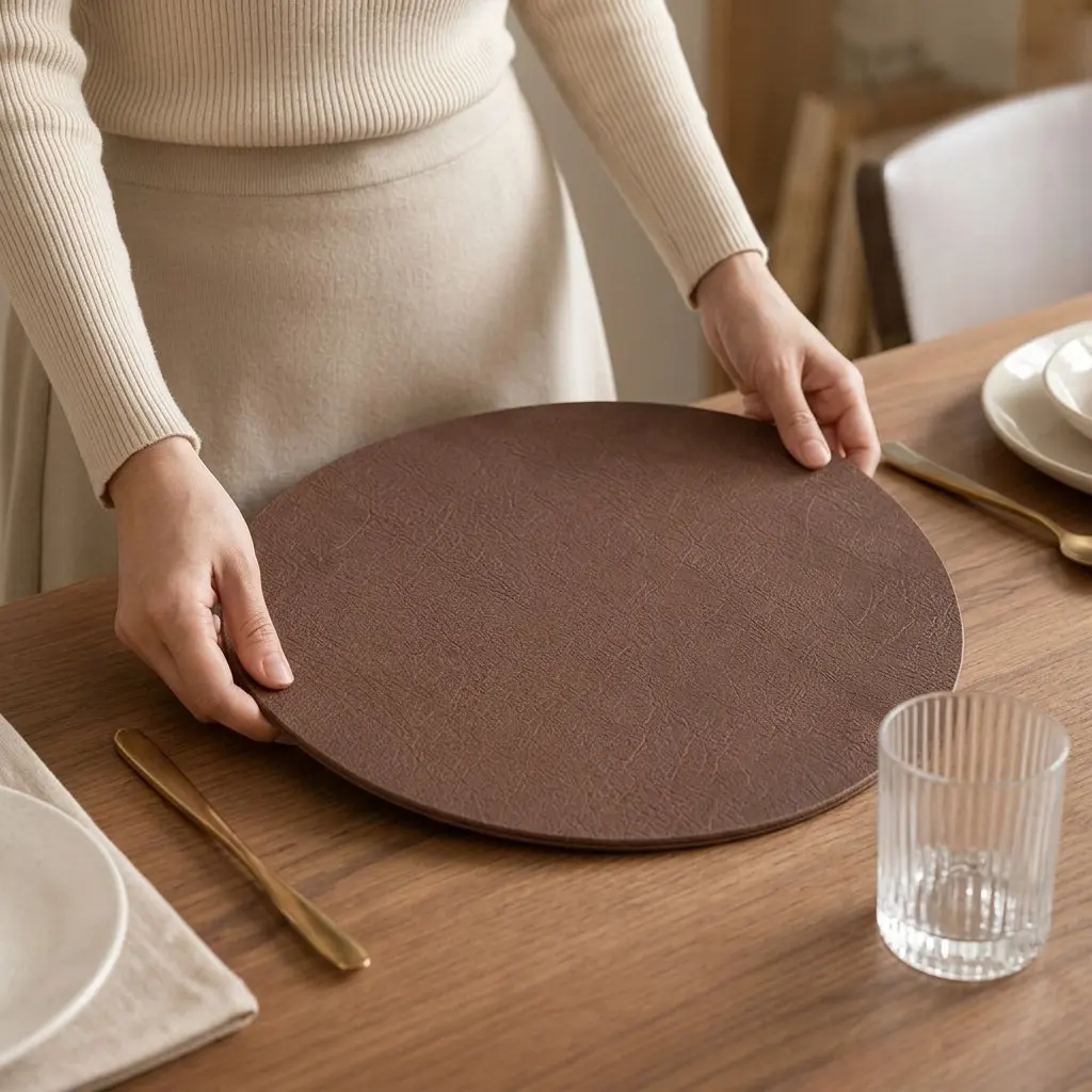 Round Placemats Set 15 Inch Faux PU Washable Table Mats for Dining Tables Kitchens Outdoor Patio Party Table Setting