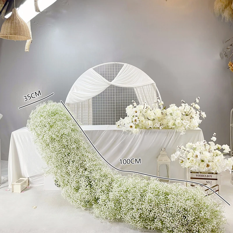 200/100cm White Gypsophila Baby Breath Rose Flower Row Arrangement Arch Wedding Backdrop Props Table Flower Runner Party Floral
