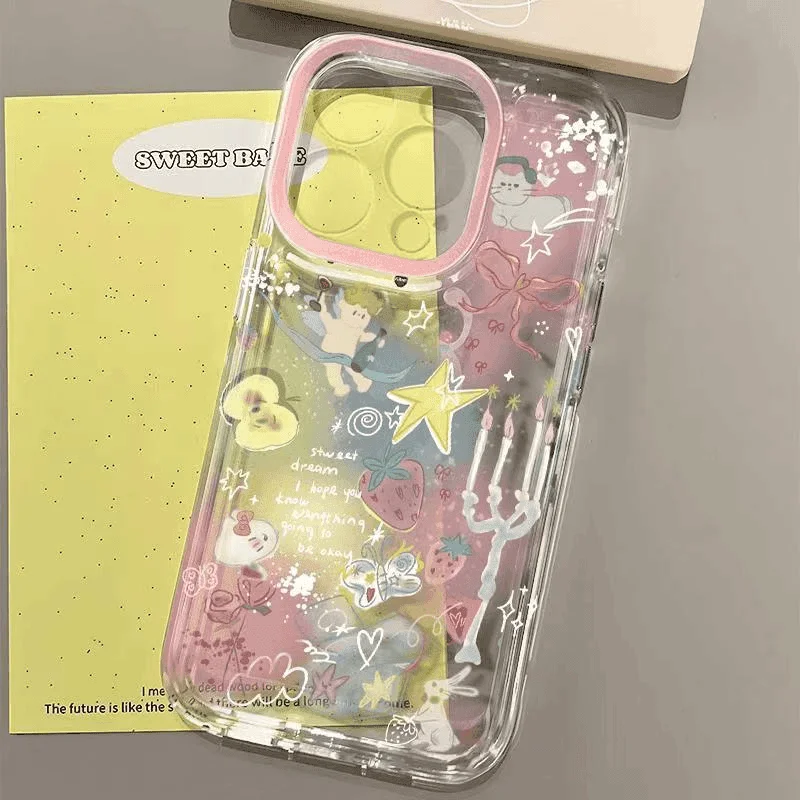 Cat Star Strawberry Bow Phone Case For iPhone 16 15 14 13 12 11 Mini Pro Max X XR XSMax 7 8 Plus Y2K Transparent Soft Back Cover