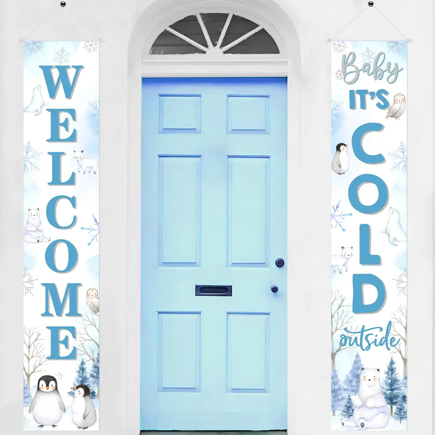 Kreatwow Arctic Polar Animal Baby Shower Porch Sign Penguins Polar Bears Seals Door Banner Winter Birthday Party Supplies