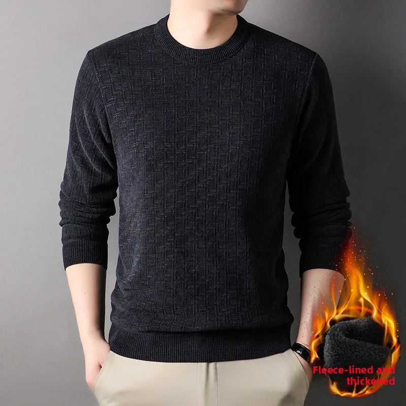 

Men's Fce Lined Thi Warm Knitwear Long Sve Winter Sweater Simple Color Base Layer Chboard Pattern Embroidery