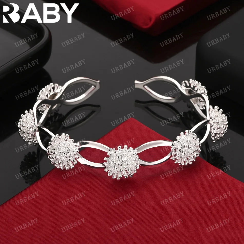 

URBABY 925 Sterling Silver Bangle Seven Three-dimensional Flowers Bracelet For Women Jewelry Fashion Party And Daily Wear