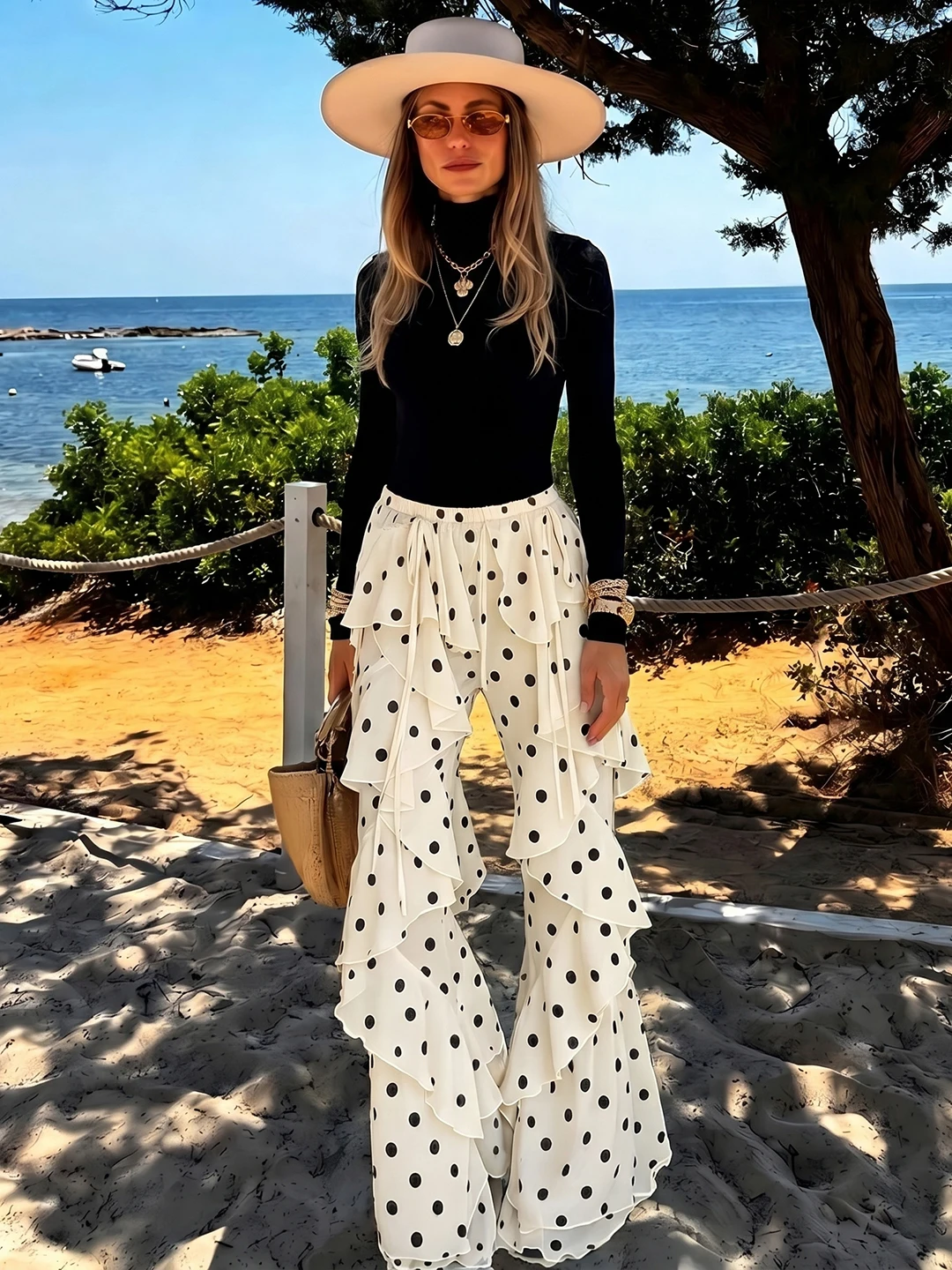 

Sisjuly American Retro Denim Style Women's Casual Pants Polka Dot Print Asymmetrical Hem Slimming Versatile Comfortable