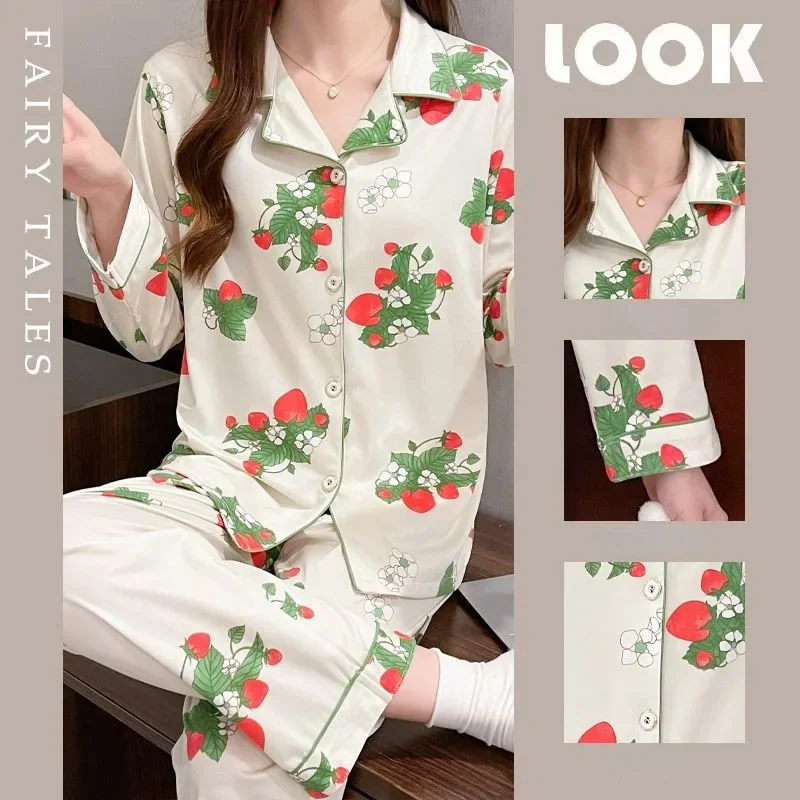 2024 New Pajama Women Summer Spring Autumn Sleepwear Long Sleeved Thin Cute Loungewear Oversized Cardigan Homewear Two-piece Set