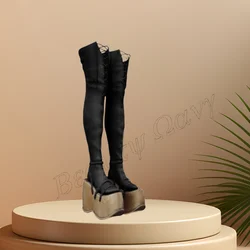 Black Wooden Heel Platform Boots Over the Knee Heel Round Toe Spike High Heel Shoes for Women High Heel 2024 Zapatillas Mujer