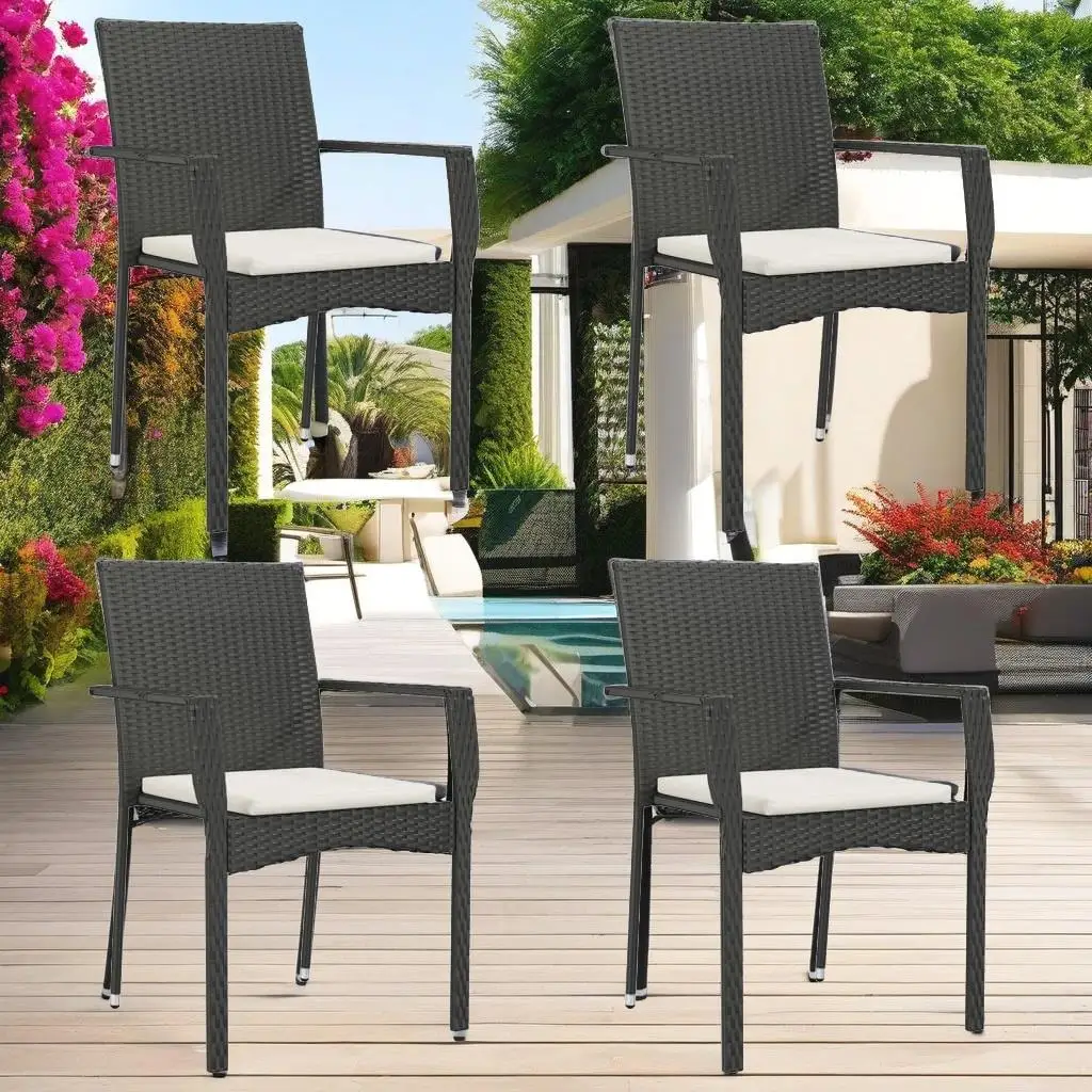 5-Piece Black Poly Rattan Patio Dining Set with Cushions - Outdoor Furniture for Garden & Balcony