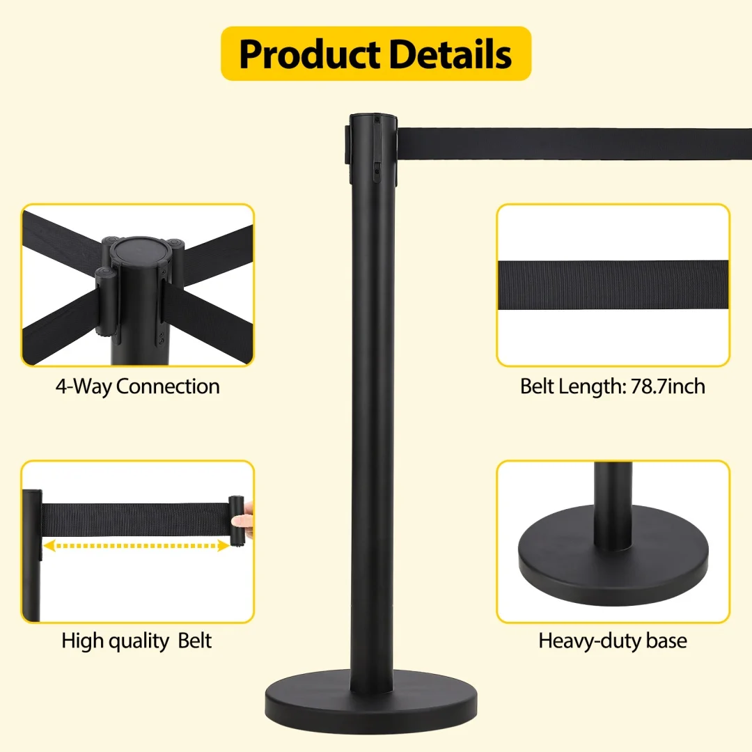 Stanchions ควบคุมฝูงชน,อุปสรรคในการควบคุมฝูงชนพร้อมเข็มขัดแบบพับเก็บได้ 6.5FT Stanchion โพสต์เสาคิวสําหรับประกอบง่ายฝูงชน