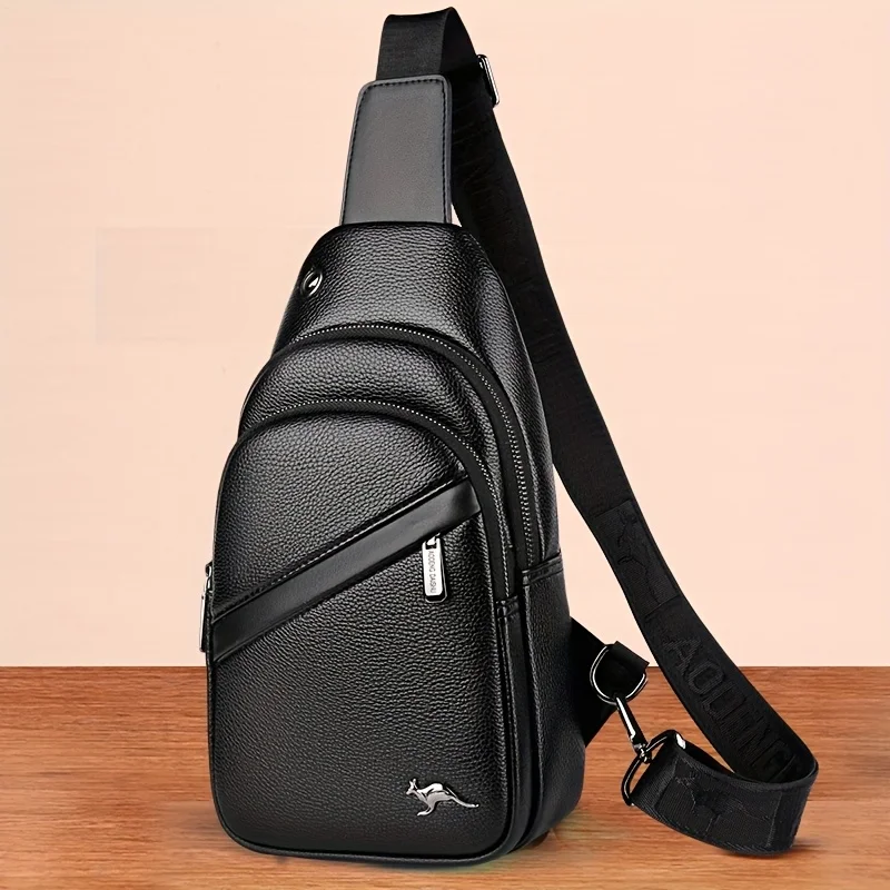 Men's Synthetic Leather Crossbody Bag Adjustable Strap Multiple Compartment Casual Male Style Black Chest Bag for Men Daily Use