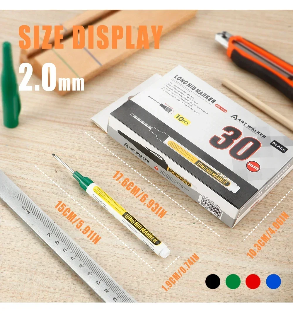 4/10 Stück 30 mm wasserdichte Tiefloch-Marker mit langer Kopfspitze, schwarze/blaue/rote/grüne Tinte für Zimmermannsstift, Mehrzweck-Holzwerkzeuge – Detail 3
