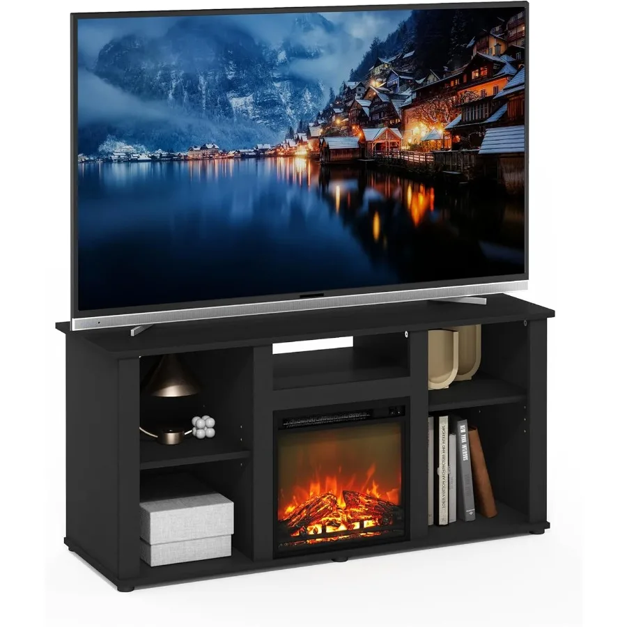 

Furinno Jensen TV Stand Entertainment Center with Built-in Fireplace Design and Open Storage Compartments Perfect for Living Ro