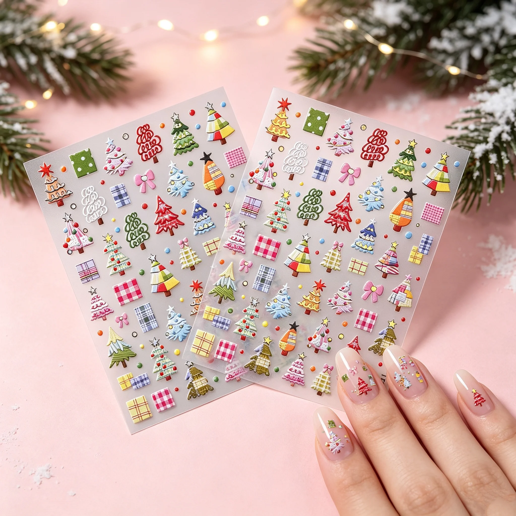 2Pcs 5D Gold Silver Bronzing Christmas Nail Stickers Cartoon Plaid Xmas Tree Bow Star Nail Decals Cute Winter New Year Manicure*