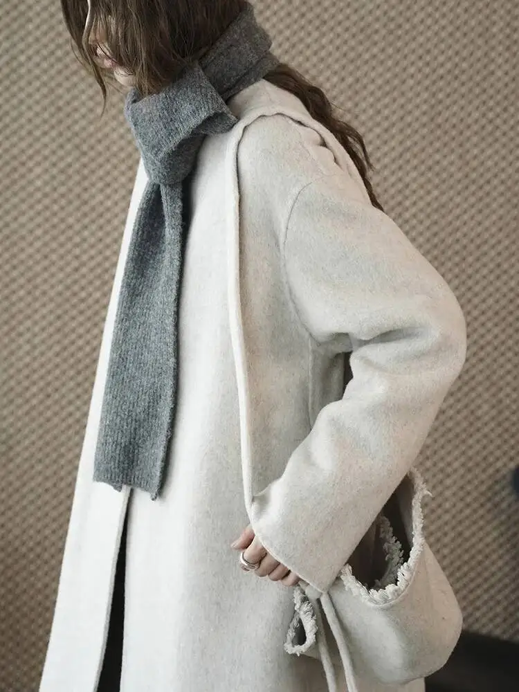 HUISONG الشوفان اللون 70% الصوف حجم كبير معطف الصوف الدافئ جديد س الرقبة طويلة الأكمام المرأة سترة موضة المد الخريف الشتاء 2025 ycescj