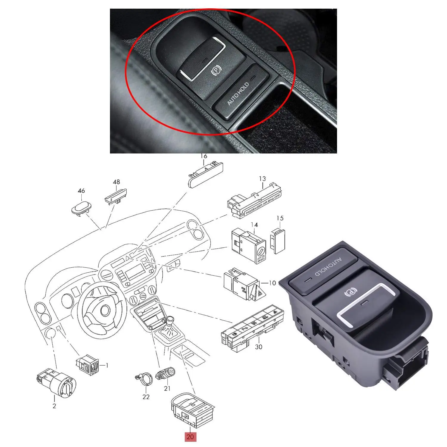 

5N0927225XSK is suitable for Volkswagen Tiguan electronic handbrake switch parking brake module 5N0927225A