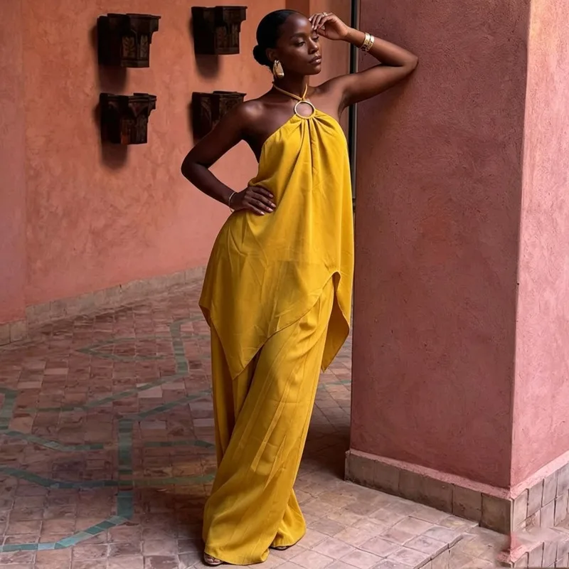 Elegant African Ladies Two Piece Set, Halter O-Ring Irregular Top and Wide Leg Trousers, Solid Outfit for Holiday, Party & Daily