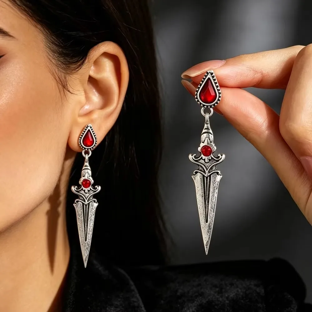 Women Men Gothic Dagger Sword Earrings Crystal Piercing Ear Jacket Punk Stud Earrings Vintage Party Jewelry Gift