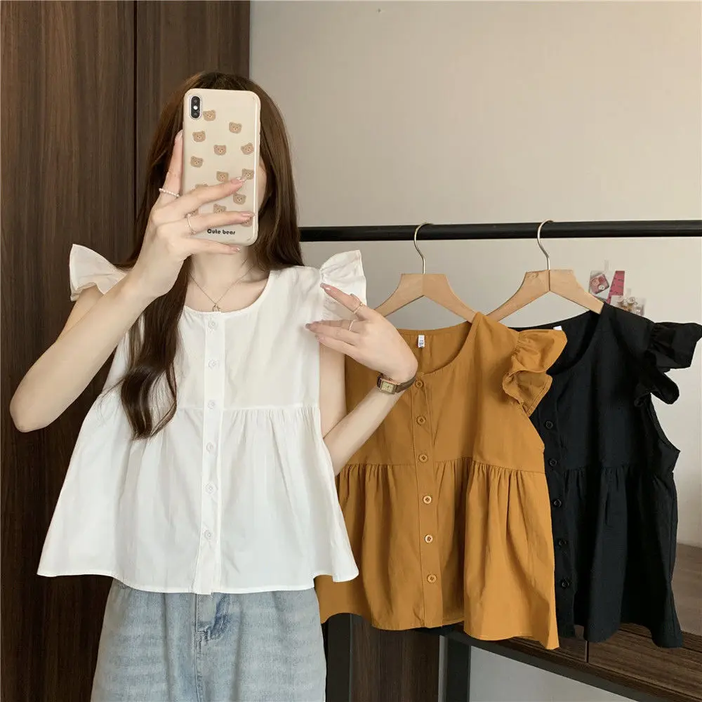 Solid Color Women\'s Summer Square Neck Buckle Sweet Ruffle Edge Loose Age Reducing Doll Shirt Flying Sleeves Fashionable Shirt