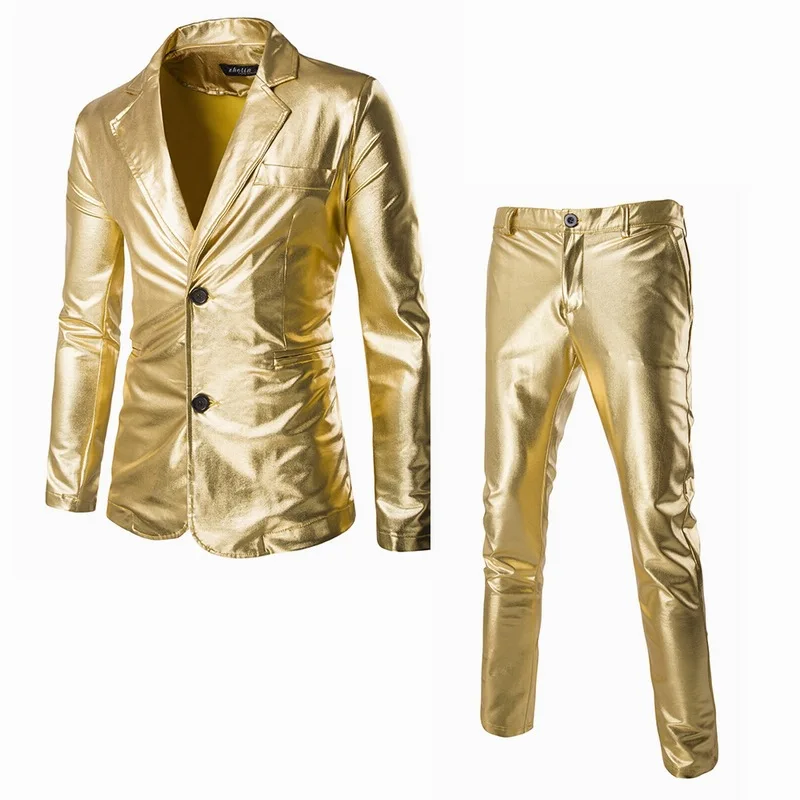 

Mens PU Slim Fit Suit Cosplay Costume Solid Shinny Party Gold Silver Vintage Night Club Wedding Prom Blazer Jacket and pants