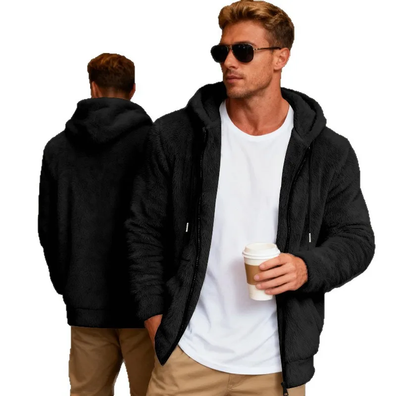 Autumn Winter Mens Loose Zip Up Hooded Jacket American Style Double‑Sided Fleece Casual Hoodie Outer Coat Men Clothing