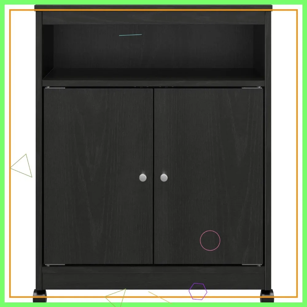 عربة ميكروويف من خشب البلوط الأسود مع عجلات دوارة لتنظيم المطبخ #1