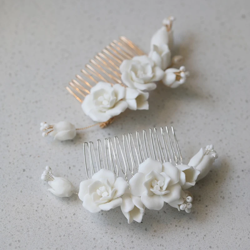 

SLBRIDAL Handmade Alloy Leaf Rhinestone Ceramic Flower Freshwater Pearls Bridal Hair Comb Wedding Hair Accessories Women Jewelry