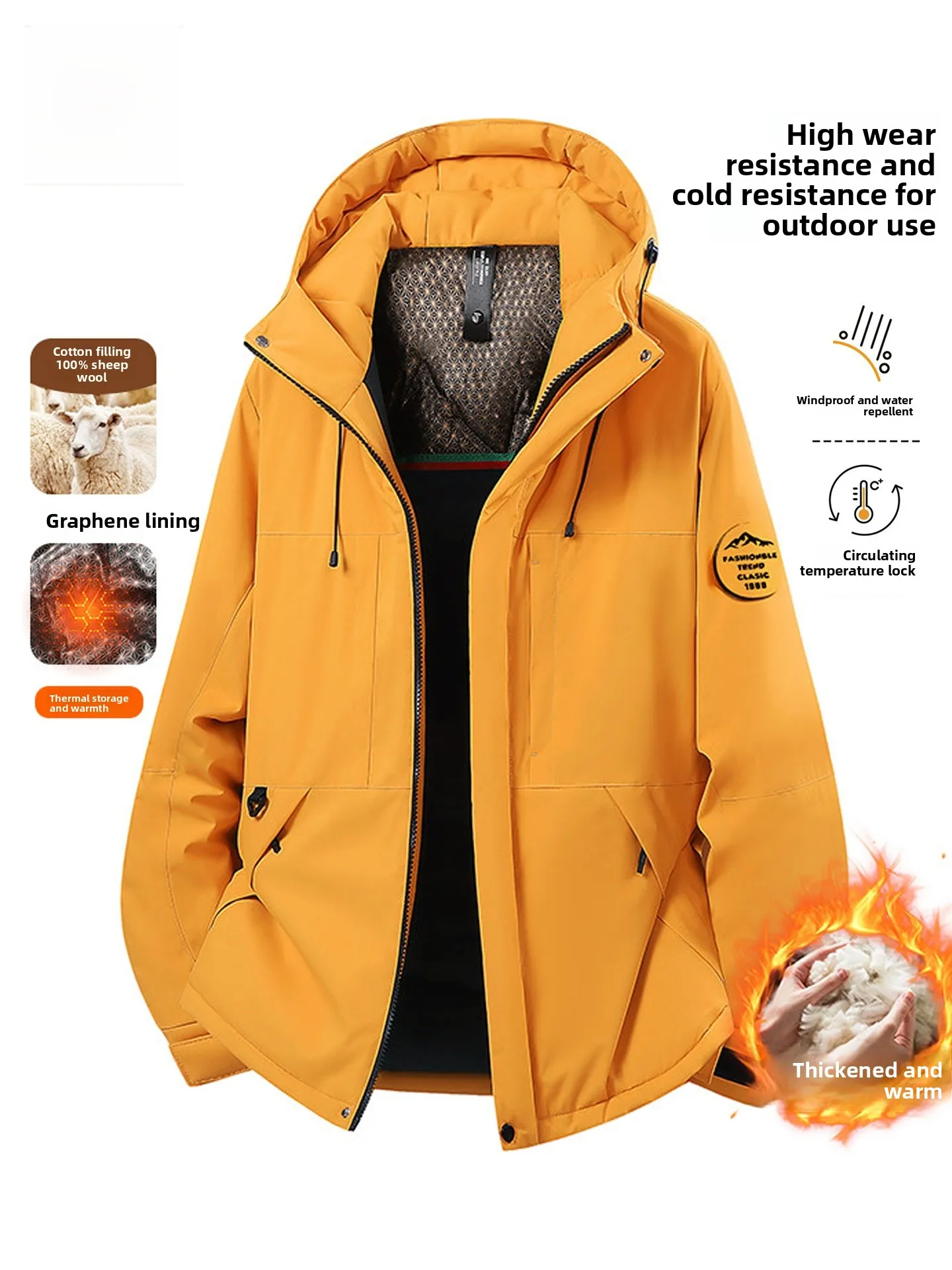 

Thiened Men's Cotton Jaet Hooded Windproof Waterproof Warmth Outdoor Faion Ci Casual Long Sve Zipper Closure Coat