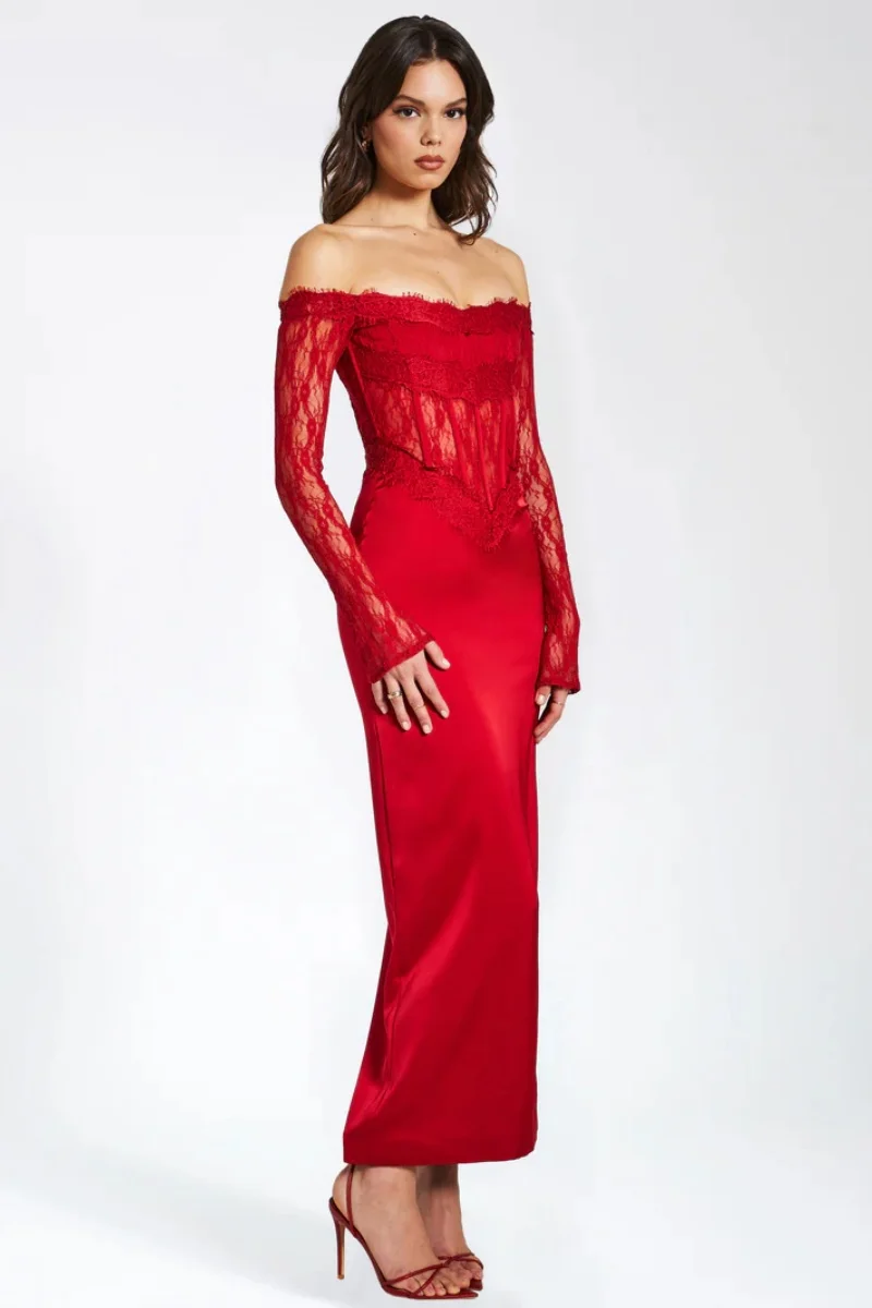 Jessica Red Prom Dresses Lace Embroidered Long Sleeves Wedding Dress Satin Mermaid Off-shoulder Robes De Soirée Customized 2025