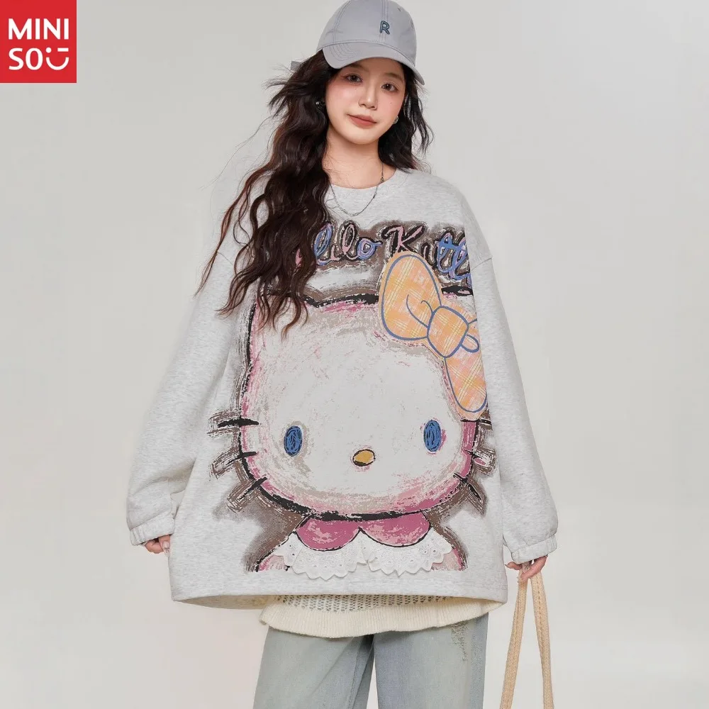 

Miniso Autumn New Casual Style Age Reduction Cute Cartoon KT Cat Print Design Crew Neck Plus Size Sweater