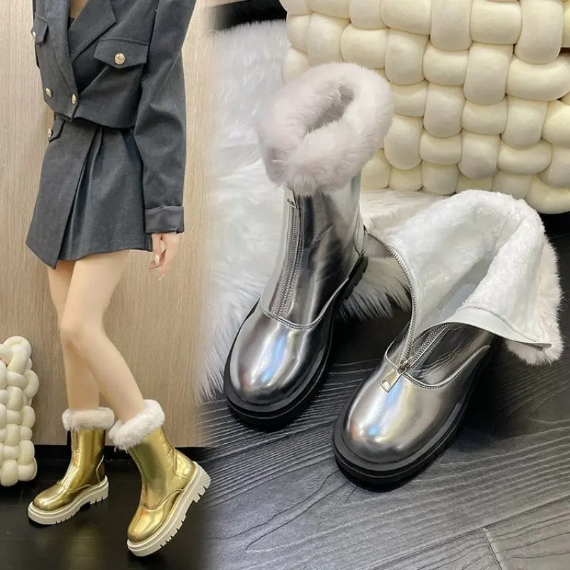 Women's Shoes High Quality Front Zipper Women's Boots Winter Round Toe Solid Plush Warm Platform Water Proof Short Boots Big Siz