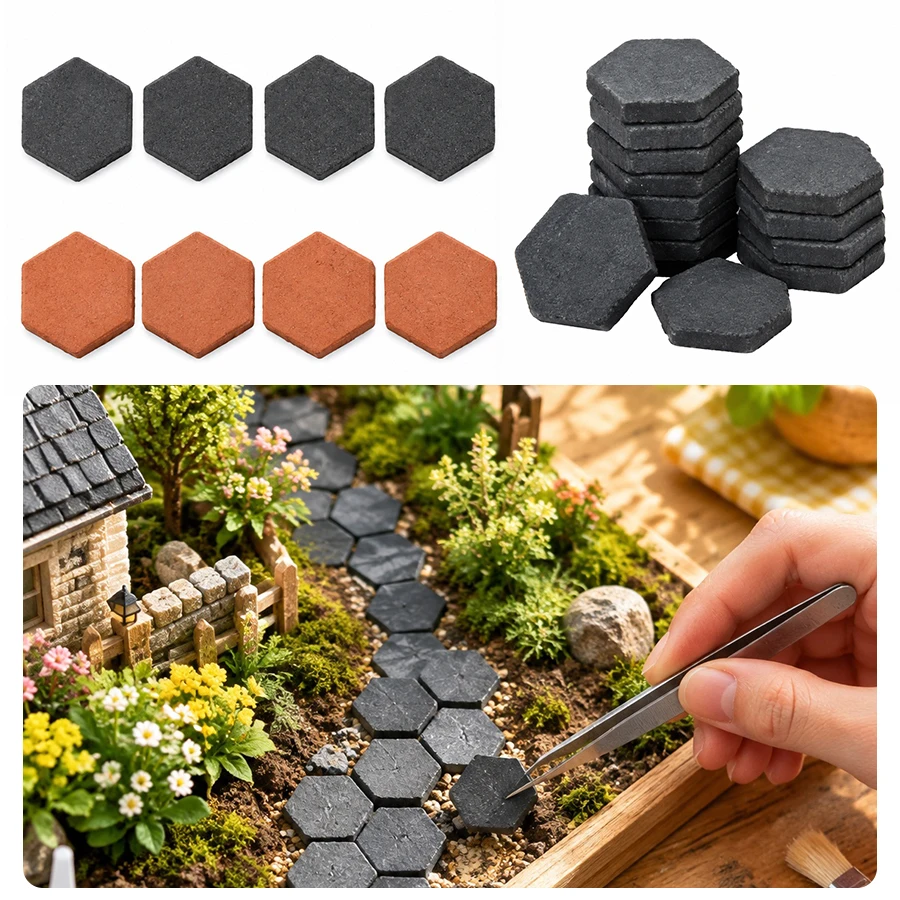 45-90PCS/Set Vintage Red Black Hexagonal Miniature Brick 0.9cm/0.35inch Retro Garden Path Tiles Elegant DIY Crafts Accessory ZYF